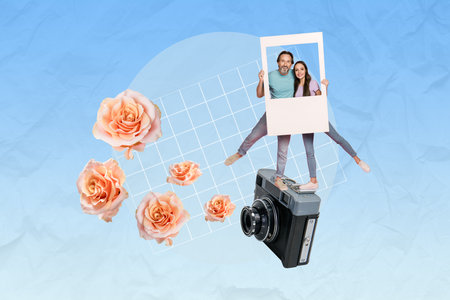 Photo collage romance love story of couple together make shot their honeymoon paper frame camera...