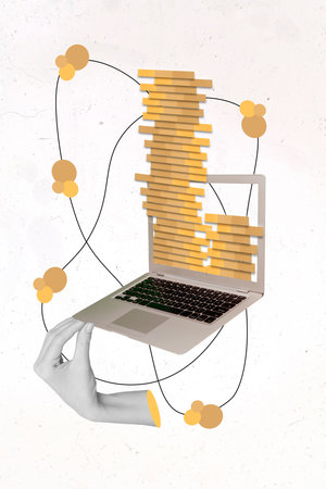Composite collage picture image of laptop modern technology golden coins online investment trading ebanking funds stocks drawing paintingの写真素材