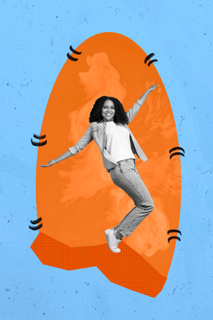 Creative abstract template collage of funny african american young woman energetic active dancing...
