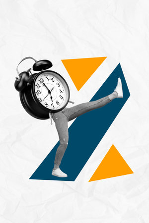 Vertical creative collage image of young active woman walking going clock instead body hurry speed...