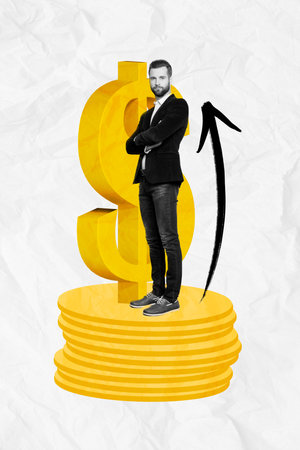 Vertical collage picture of successful black white gamma guy crossed arms stand pile stack money coins growing arrow upwardsの写真素材