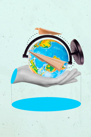 Creative photo 3d collage artwork poster postcard of human arm hold globe plane flying trajectory around isolated on painting backgroundの写真素材