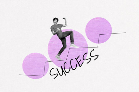 Creative collage picture of overjoyed black white effect guy climb success ladder raise fists isolated on drawing backgroundの写真素材
