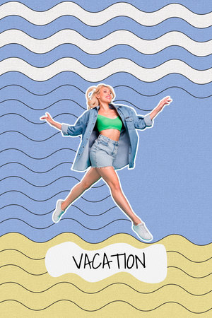 Creative template graphics collage image of charming happy lady enjoying resort vacation isolated ukrainian flag colors backgroundの写真素材