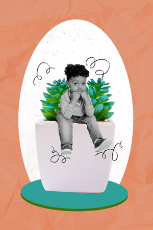 Creative photo 3d collage artwork postcard of little nice bored boy expecting sitting flowerpot isolated on painting backgroundの写真素材