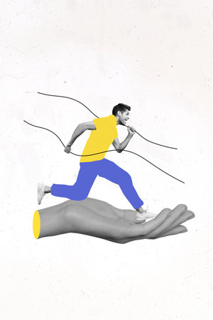 Creative photo 3d collage artwork poster postcard of human arm hold active energetic man want reach...