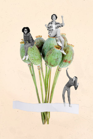 Vertical collage picture of three mini black white colors girls sit huge papaver poppy plant isolated on creative backgroundの写真素材