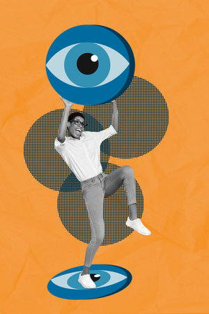 Creative photo 3d collage artwork poster postcard picture of crazy man hold under head huge human eye isolated on painting backgroundの写真素材