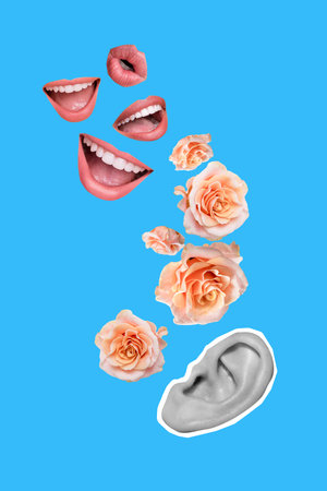 Creative collage photo design lips mouth talking information falling pink fresh hear ear listen...