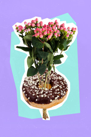 Creative collage artwork photo of advert delivery tasty chocolate donuts with fresh flowers birthday gift isolated on painted purple backgroundの写真素材
