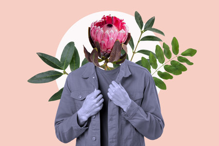 Creative artwork photo picture march gift concept headless guy growing wildflower with leaves advert new bouquet shop isolated on pink backgroundの写真素材
