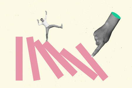 Creative photo collage illustration of funny careless male balance on one leg finger push columns isolated on white color backgroundの写真素材