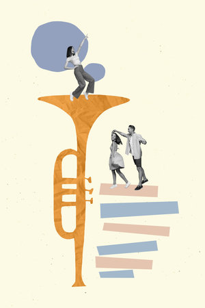 Creative poster collage of small people group have musical concert playing trumpet dance rhythmの写真素材