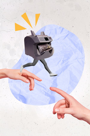Magazine banner collage of little person funky counting machine run on human hand increase budget money conceptの写真素材