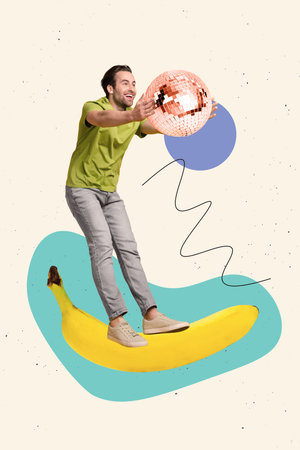 Vertical collage picture of excited overjoyed mini guy stand huge banana arms hold disco ball isolated on painted backgroundの写真素材