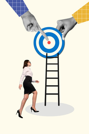 Creative photo collage poster advert get career growing progress business manager lady walk ladder successful target isolated on white backgroundの写真素材