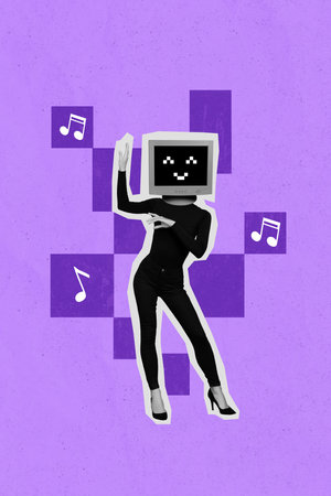 Photo collage cartoon comics picture of funny funky lady smiling computer instead of head having fun...