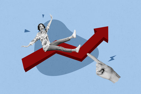 Collage 3d image of pinup pop retro sketch of happy smiling lady riding arrow rising up isolated...