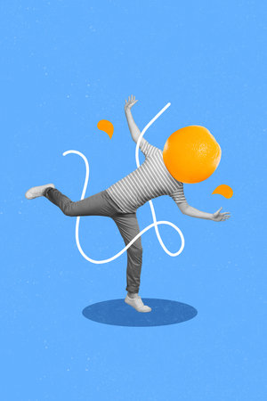 Exclusive magazine picture sketch collage image of carefree guy citrus instead of head isolated painting backgroundの写真素材