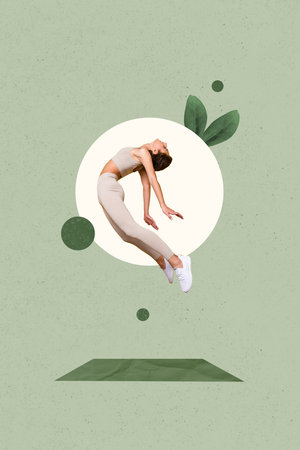 Collage photo of young sportive athlete woman wear sportswear leggings beige top jumping air aerobics practicing isolated on grey color backgroundの写真素材