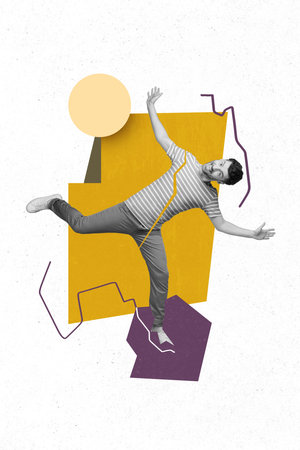 Creative 3d photo collage artwork graphics painting of carefree guy dancing having fun isolated drawing backgroundの写真素材