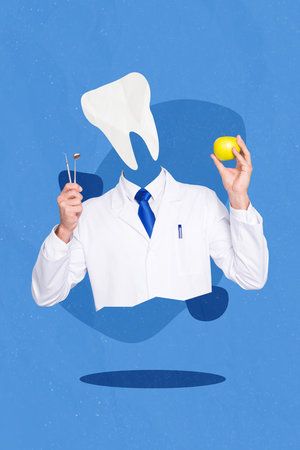 Vertical collage picture of dentist doctor big tooth instead head hands hold equipment fresh apple isolated on blue backgroundの写真素材
