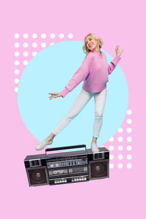 Vertical collage picture of cheerful little girl enjoy dancing stand huge boombox isolated on drawing pink backgroundの写真素材
