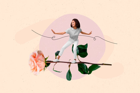 Collage portrait of excited carefree girl stand flying big rose flower isolated on creative drawing backgroundの写真素材