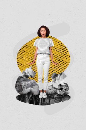 Vertical collage picture of impressed girl jump open mouth big paper plastic trash isolated on painted backgroundの写真素材
