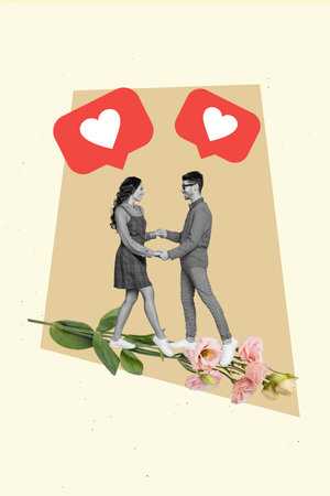 Creative photo 3d collage artwork poster postcard of two happy joyful people have fun together isolated on painting backgroundの写真素材