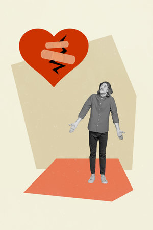 Creative photo 3d collage artwork poster postcard of disappointed guy lost relationship isolated on...