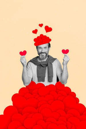 Creative photo 3d collage artwork poster postcard of handsome man fall in love stand bunch red paper cards isolated on painting backgroundの写真素材