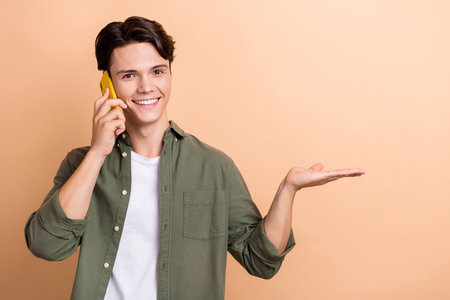 Closeup photo of young promoter student university calling his teacher lecture hold palm promote...