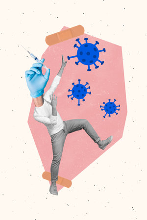 Vertical creative photo collage of headless man hand instead of head hold injector virus molecule isolated on white color backgroundの写真素材