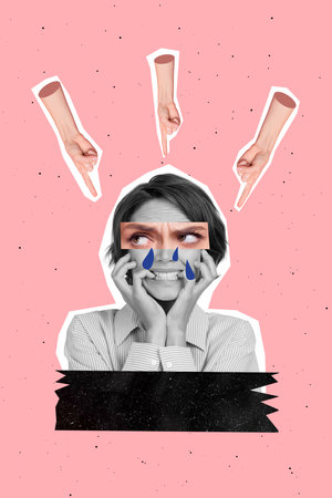 Vertical creative photo collage of fingers directing with shame at young frightened offended girl isolated on pink color backgroundの写真素材