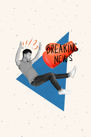 Digital creative pop collage of air flying guy overwhelmed breaking news on drawing painting backgroundの写真素材