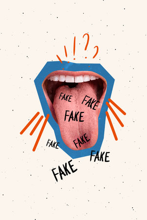 Creative funny weird 3d collage of human mouth tongue spreading fake news shouting loud disinformationの写真素材