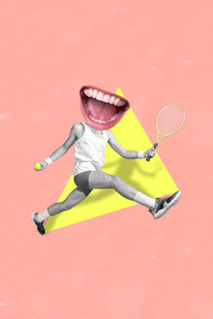 Surreal weird image magazine collage of crazy black white filter person doing sport play tennis win gameの写真素材
