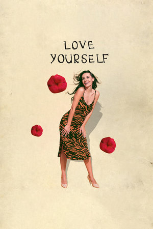 Slogan billboard collage poster of stunning lady wearing glamour luxury dress gorgeous look self love conceptの写真素材