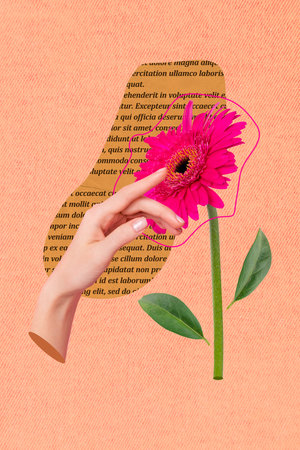 Photo sketch graphics collage artwork picture of hand touching pink flower blossom isolated drawing backgroundの写真素材