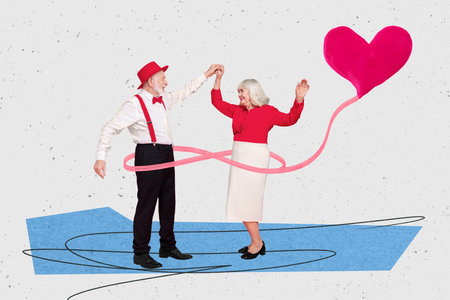 Creative artwork photo collage of feel young old people dancing much years together doodle drawing love festive clothes isolated on grey backgroundの写真素材