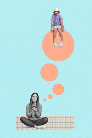 Photo creative collage artwork positive girl sitting use phone chatting dreaming look new boyfriend remote love isolated on blue backgroundの写真素材
