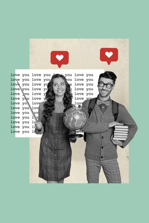 Creative photo 3d collage artwork poster postcard of two intelligent people college university friends isolated on painting background