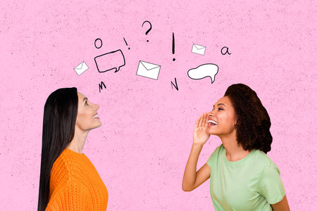 Creative retro 3d magazine collage image of funny happy smiling ladies chatting isolated painting backgroundの写真素材