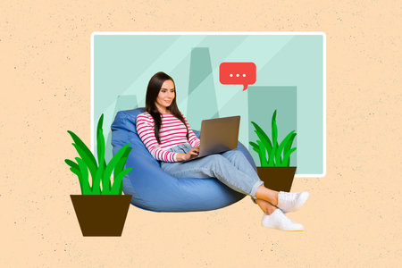 Composite collage image of pretty nice girl sitting beanbag use netbook chatting texting isolated on drawing home interior backgroundの写真素材