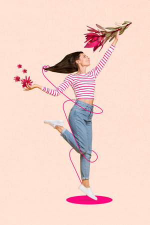 Vertical collage picture of cheerful lovely person arms hold fresh flowers isolated on creative drawing backgroundの写真素材