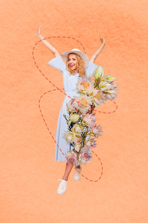 Creative photo collage of young woman wearing sunhat beautiful stylish summer outfit celebrate springtime blooming isolated on beige backgroundの写真素材