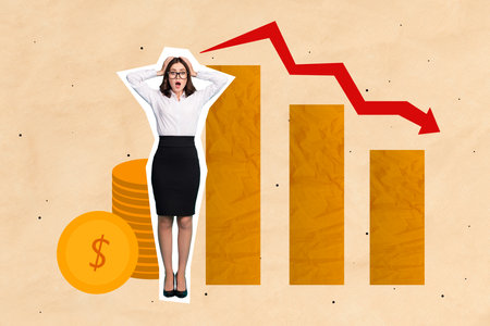 Composite collage image of impressed mini girl hands touch head huge drawing arrow down pile stack money coins isolated on painted backgroundの写真素材