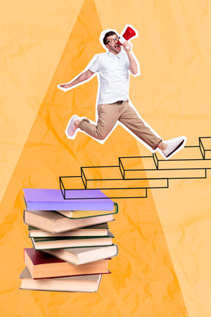 Creative artwork photo collage of young jumping upstairs hold megaphone loud attention teacher stack books knowledge isolated on painted backgroundの写真素材