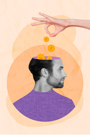 Vertical collage image of arm fingers hold throw money coins inside black white gamma opened head guy isolated on painted backgroundの写真素材